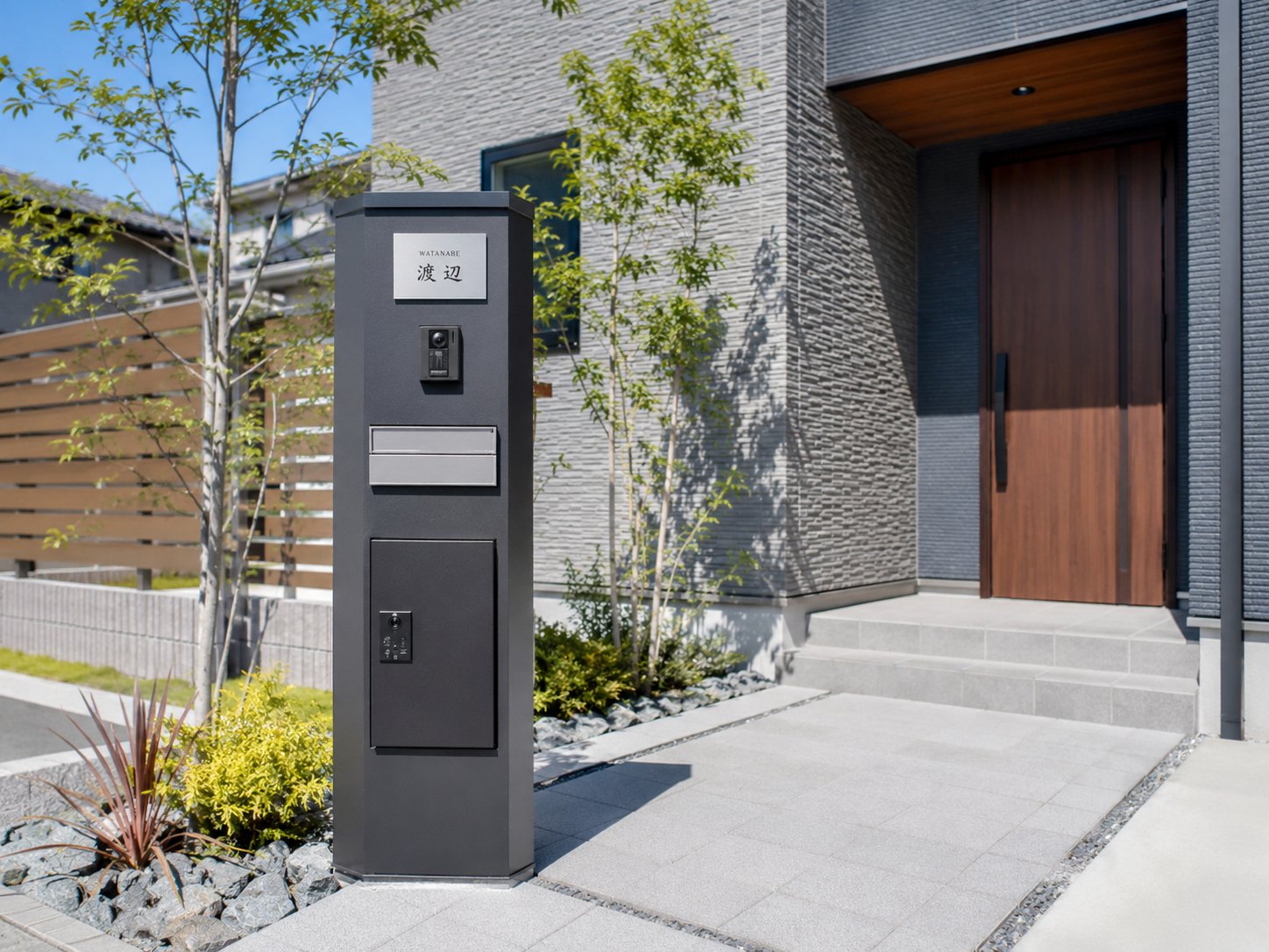表札・インターホン・ポスト・宅配ボックスを統合した機能門柱の三重県内施工例