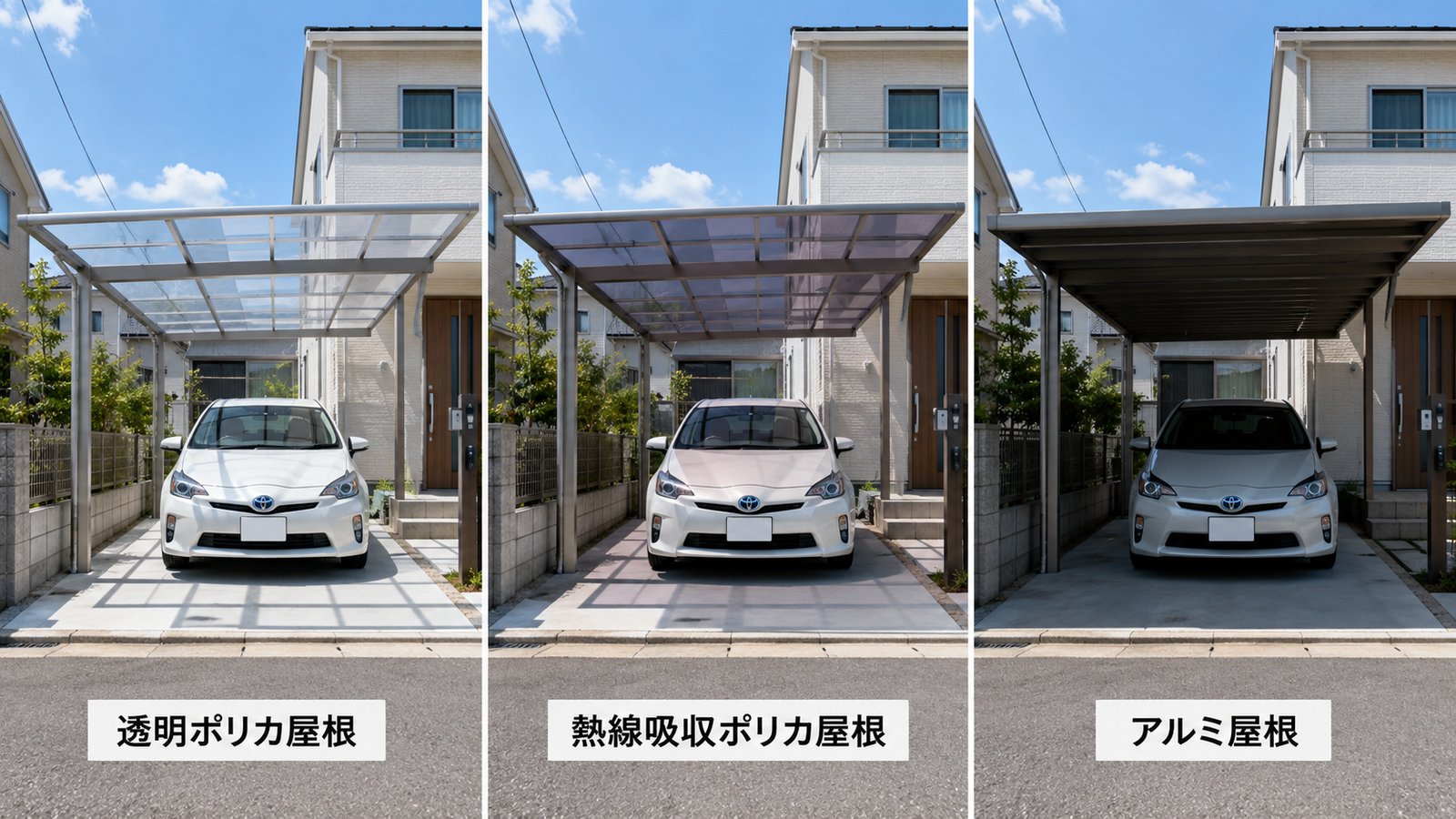 カーポート屋根材の比較イメージ(透明ポリカーボネート・熱線吸収ポリカーボネート・アルミ屋根)