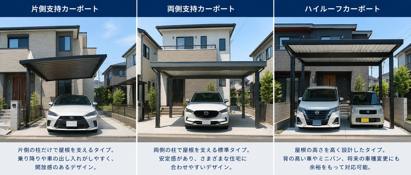 カーポートの柱位置による種類の比較イメージ(片側支持・両側支持・後方支持)