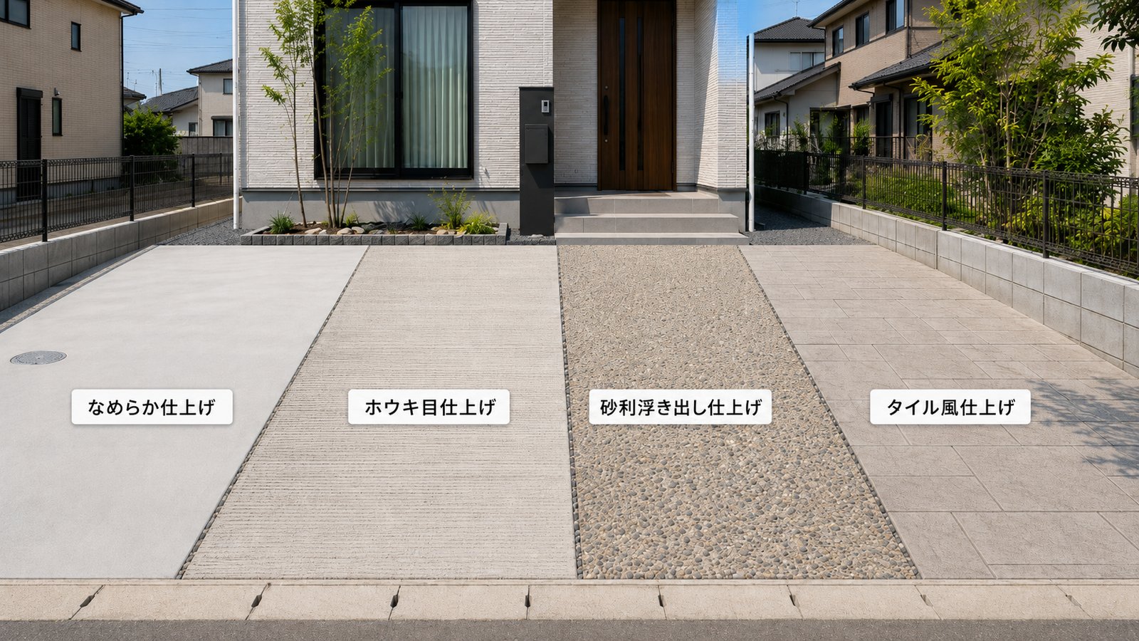 土間コンクリートの仕上げ方の違いを比較したイメージ(三重県の住宅の外構)