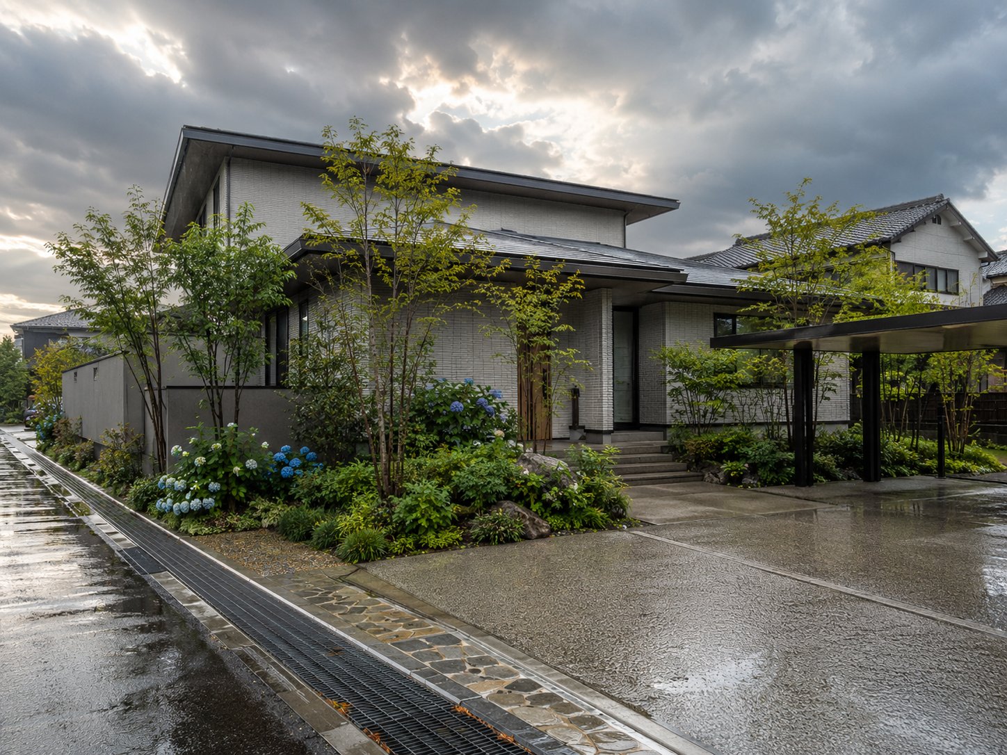 三重県東紀州の多雨エリアを想定した外構の排水設計と透水性のある舗装のイメージ