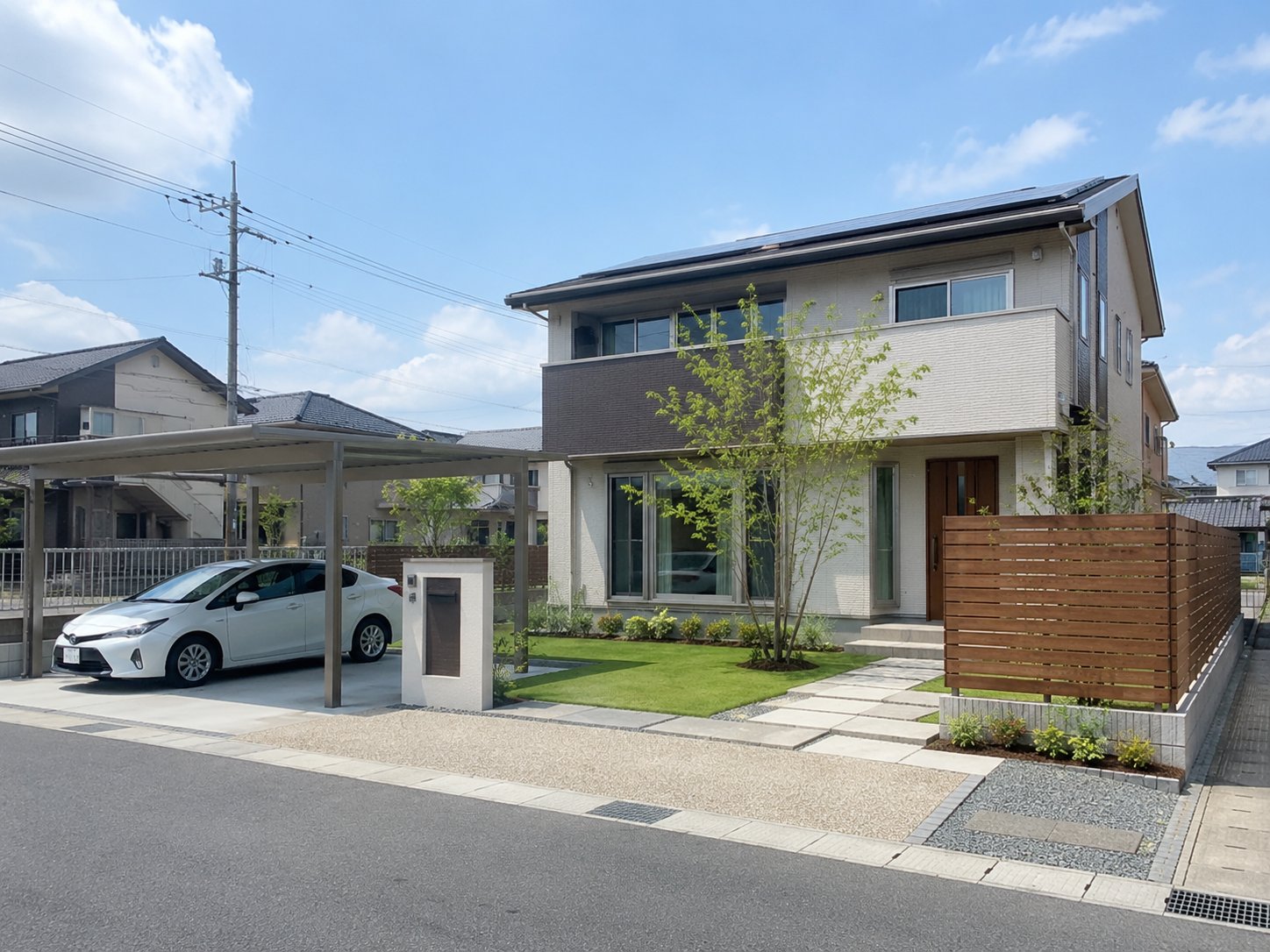 三重県中勢の平野部を想定した住宅の外構と、駐車スペース・植栽の配置イメージ