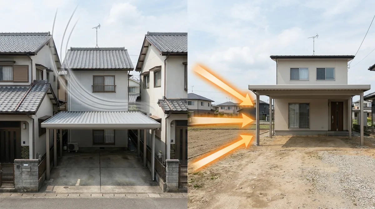 敷地条件によるカーポートへの風の当たり方の違い(住宅密集地と開けた敷地)