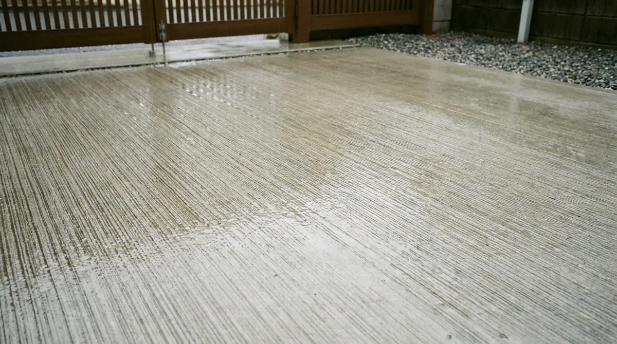 雨に濡れた刷毛引き仕上げの土間コンクリート表面のクローズアップ