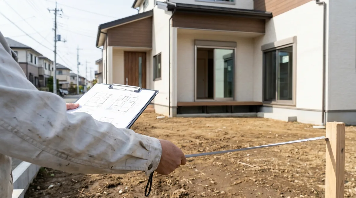 三重県の住宅の現地調査で外構業者が敷地の寸法を確認している場面