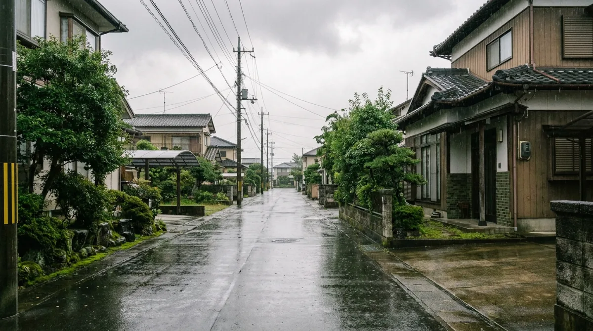 雨に濡れた三重県の住宅の外構と駐車スペースのイメージ
